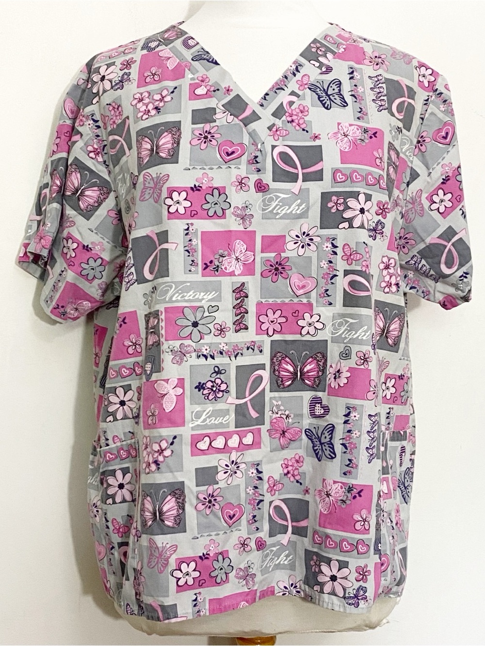 ScrubWear Pink and Gray Butterfly Print Two Pockets Breast Cancer Scrub Top 2X